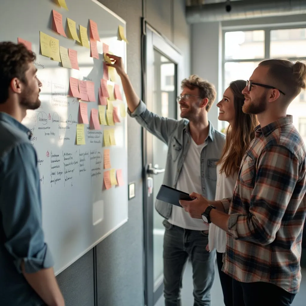 Team brainstorming session in a modern office