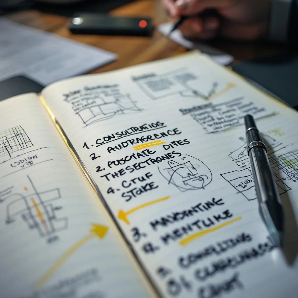 Close-up of detailed notes and strategies for client success
