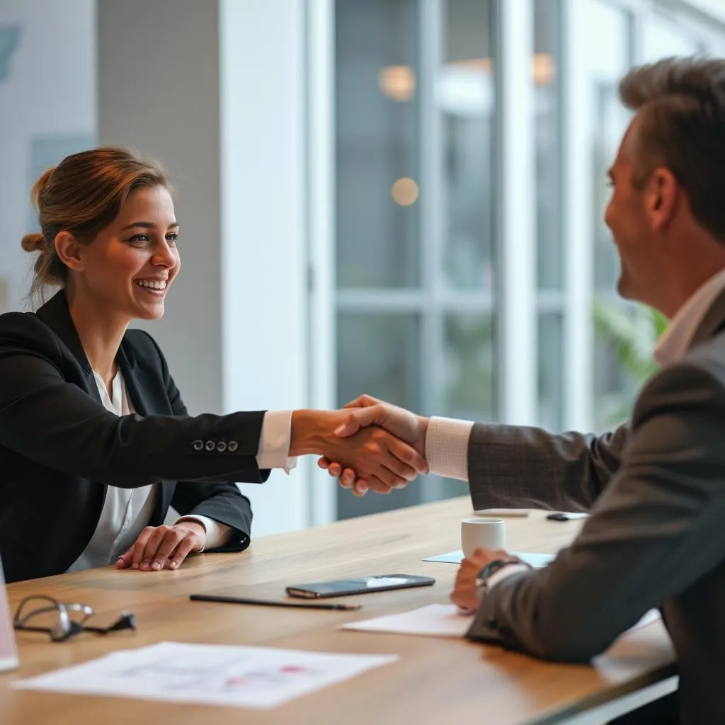 Client and consultant shaking hands, symbolizing successful partnership