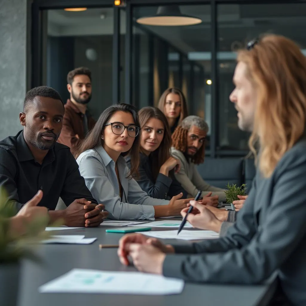 Corporate team in a meeting room, listening to a presentation