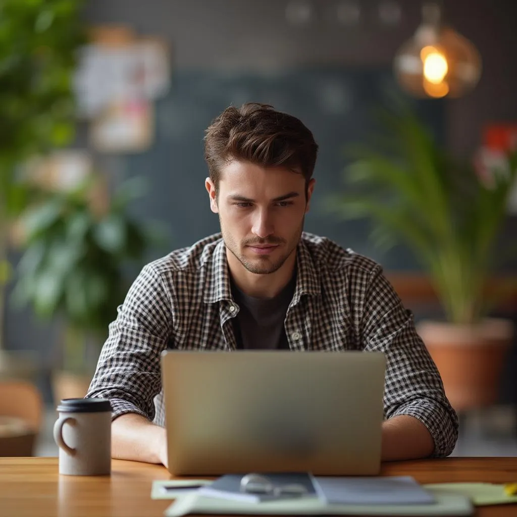 Focused entrepreneur working on a laptop in a modern co-working space