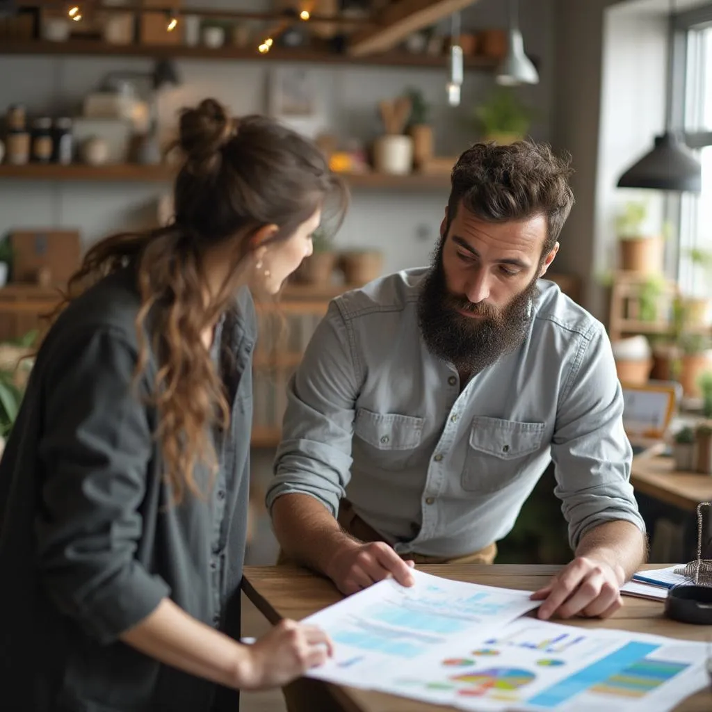 Small business owner reviewing charts with a consultant